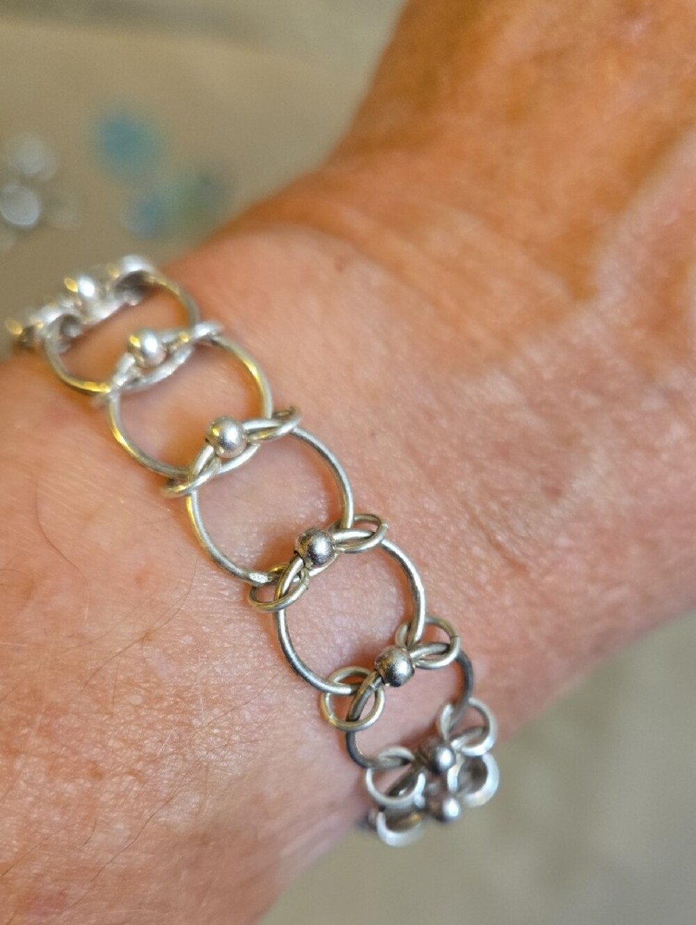 Antique Bernard Weber Marked Linked Circle Chain 925 Sterling Bracelet Signed - Picture 6 of 10
